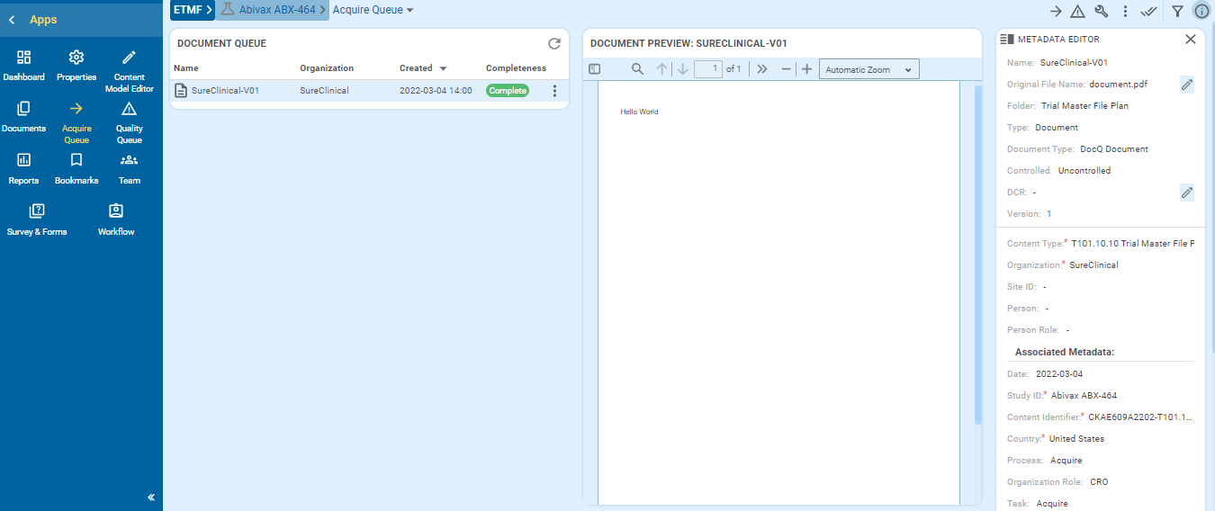 SureETMF Acquire Queue